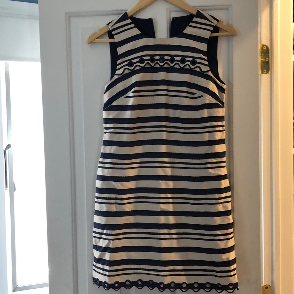 J crew shift dress. Navy and cream stripped